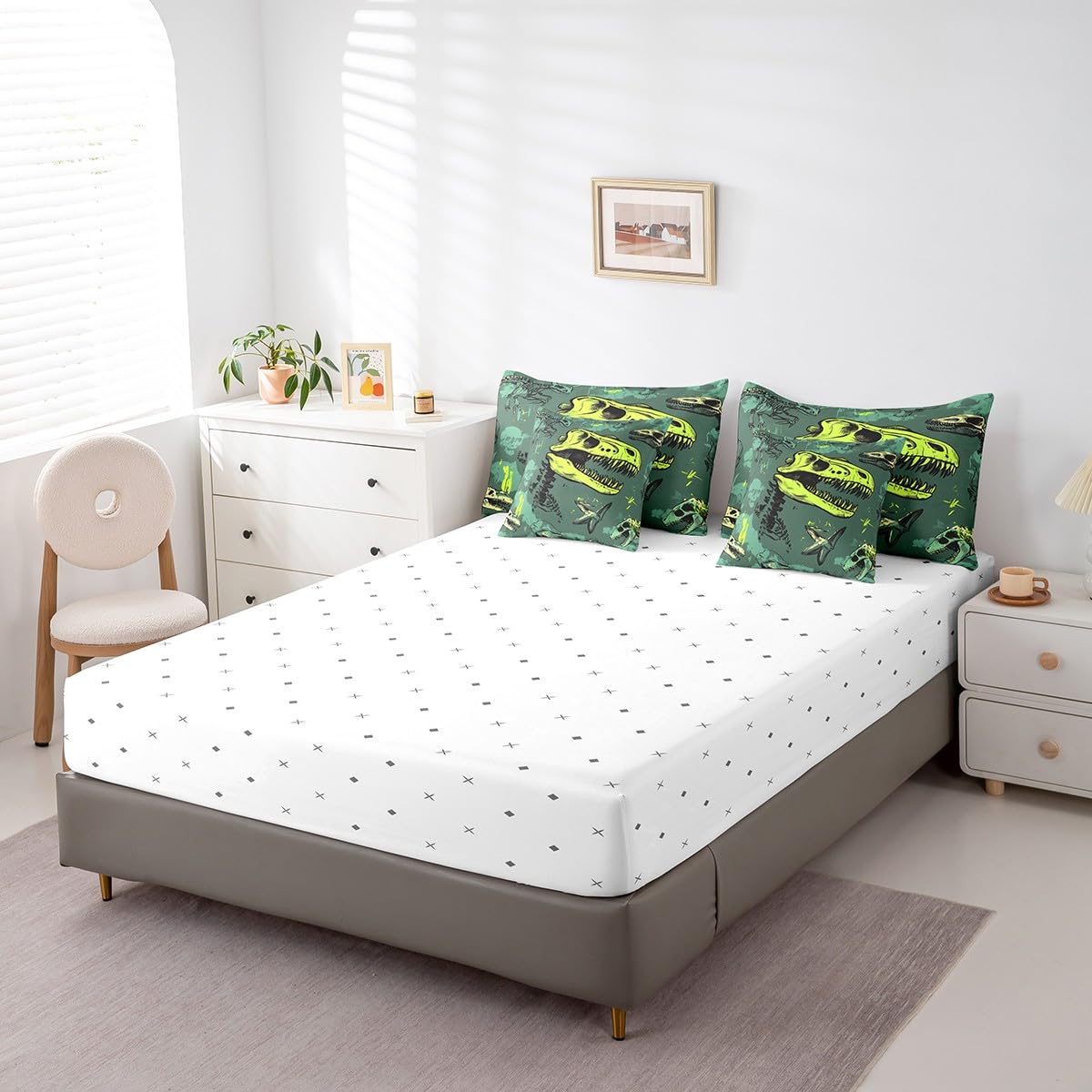 Erosebridal Dinosaur Comforter Set 7 Piece Bed in a Bag Twin,Goth Dino Bone Bedding Sets Gothic Sugar Skull Sheet Set with Comforter,Jungle Wild Animals Skeleton Bed Set
