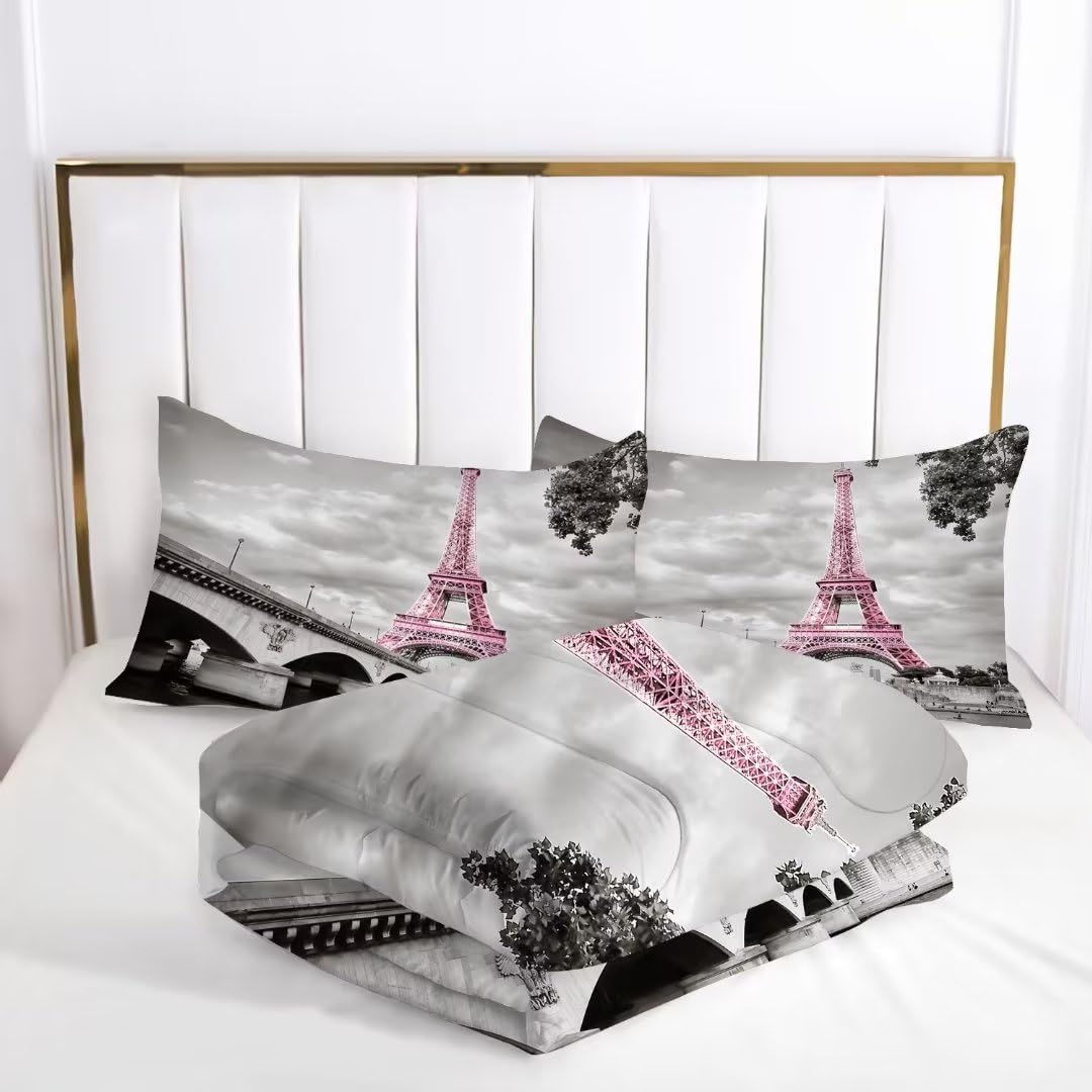 kxry Paris Comforter Set Pink Eiffel Tower Seine Full Size Bedding French Style Paris Cityscape Quilt for Girls Women 1 Comforter + 2 Pillow Cases