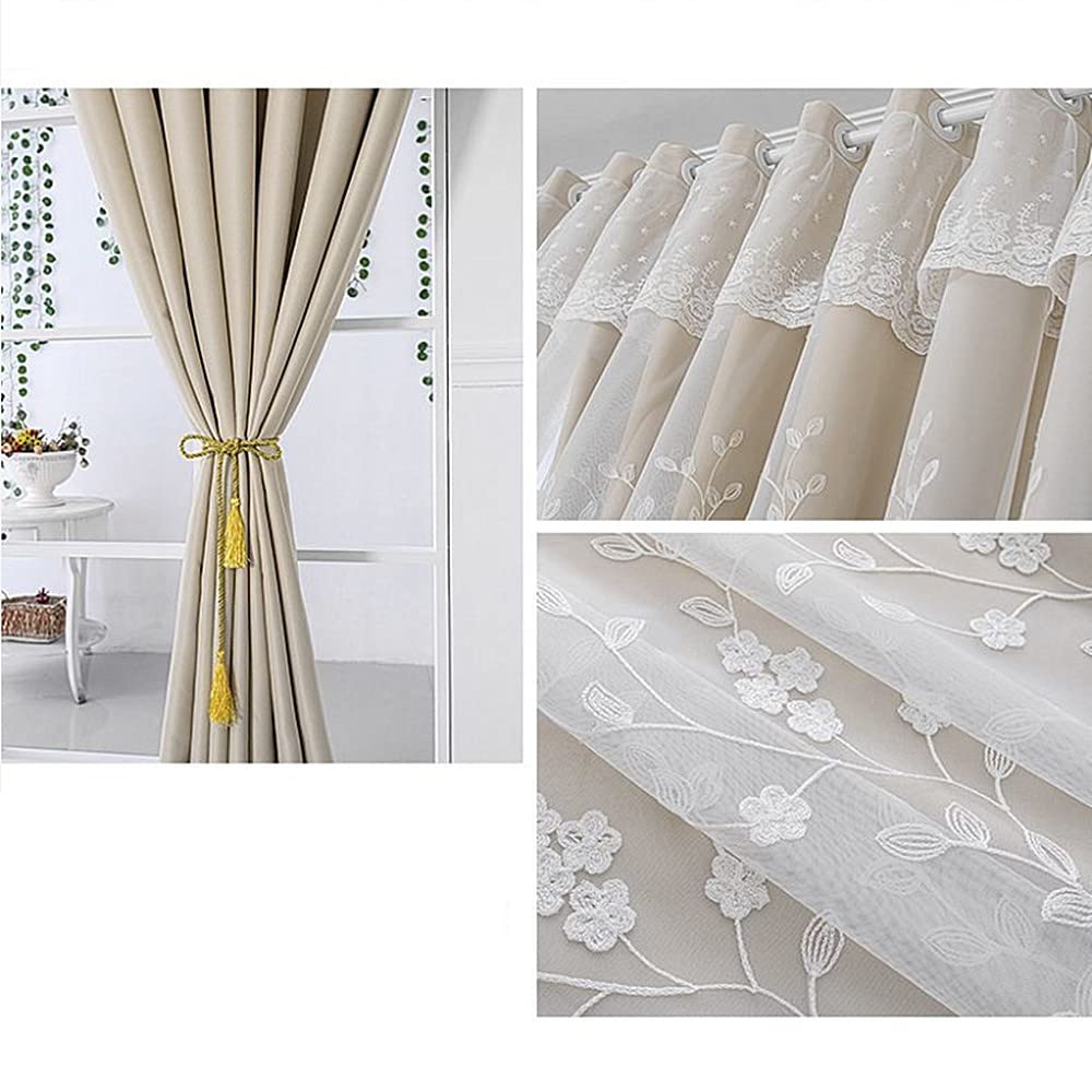 Amidoudou 1 Pair Double Layer Flower Curtains for Girls Room Living Room Pastoral Flowers and Leaf Embroidered Curtains for Bedroom (Beige,54x96 Inch)