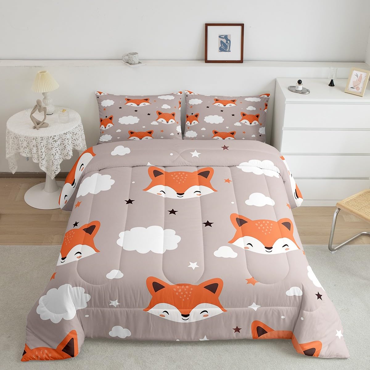 Feelyou Cute Fox Comforter Set Twin Size Kids Cartoon Fox Bedding Set for Boys Girls Teens Animal Star Cloud Comforter Breathable Woodland Fox Duvet Set Nature Wildlife Quilt Set