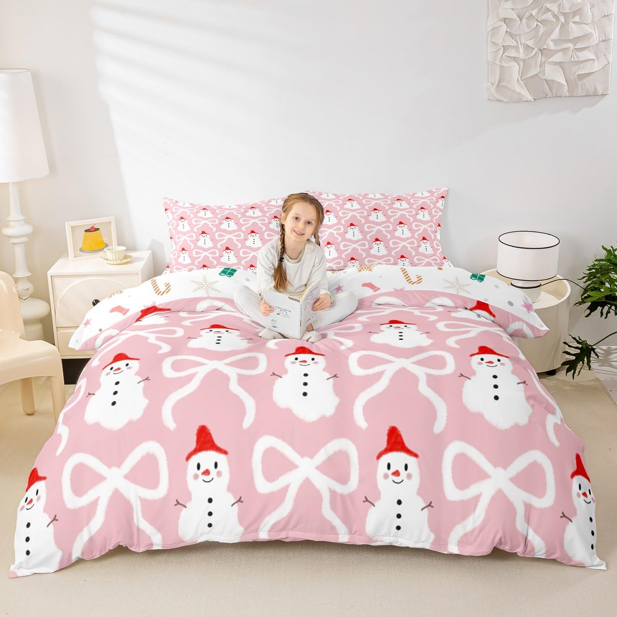 Xmas Snowman Bedding Sets Twin Size,Cartoon Bow Print Duvet Cover Set 2Pcs for Kids Girls Boys Adult Room Decor,Santa's Hat Snowman Comforter Cover Pink Christmas Quilt Cover,1 Pillowcase