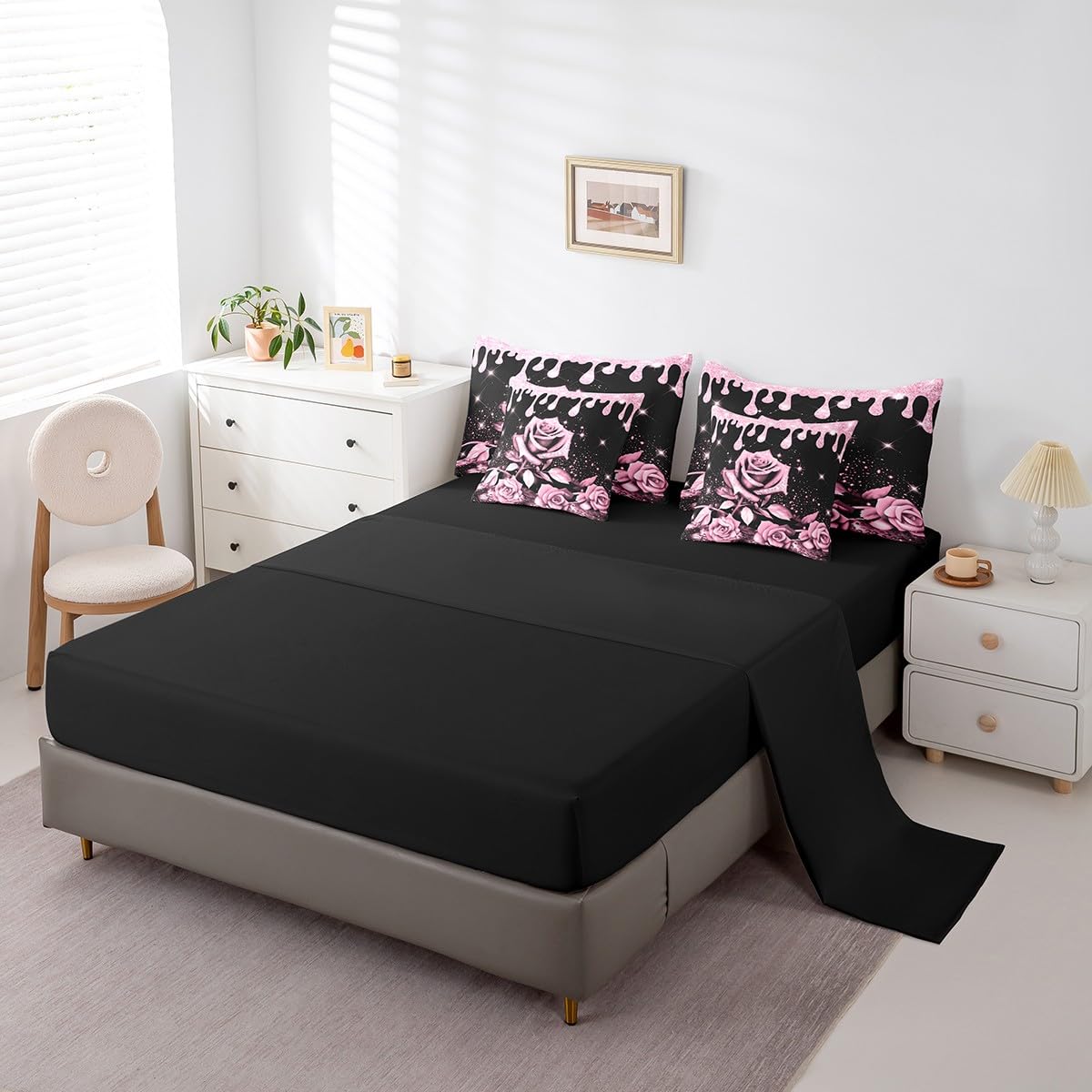 Feelyou Pink Rose 7 Piece Bedding Set Full Size for Kids Boys Girls Teens Toddler Rose Floral Flower Comforter Set with Sheets Romantic Bed in a Bag Glitter Star Bed Set