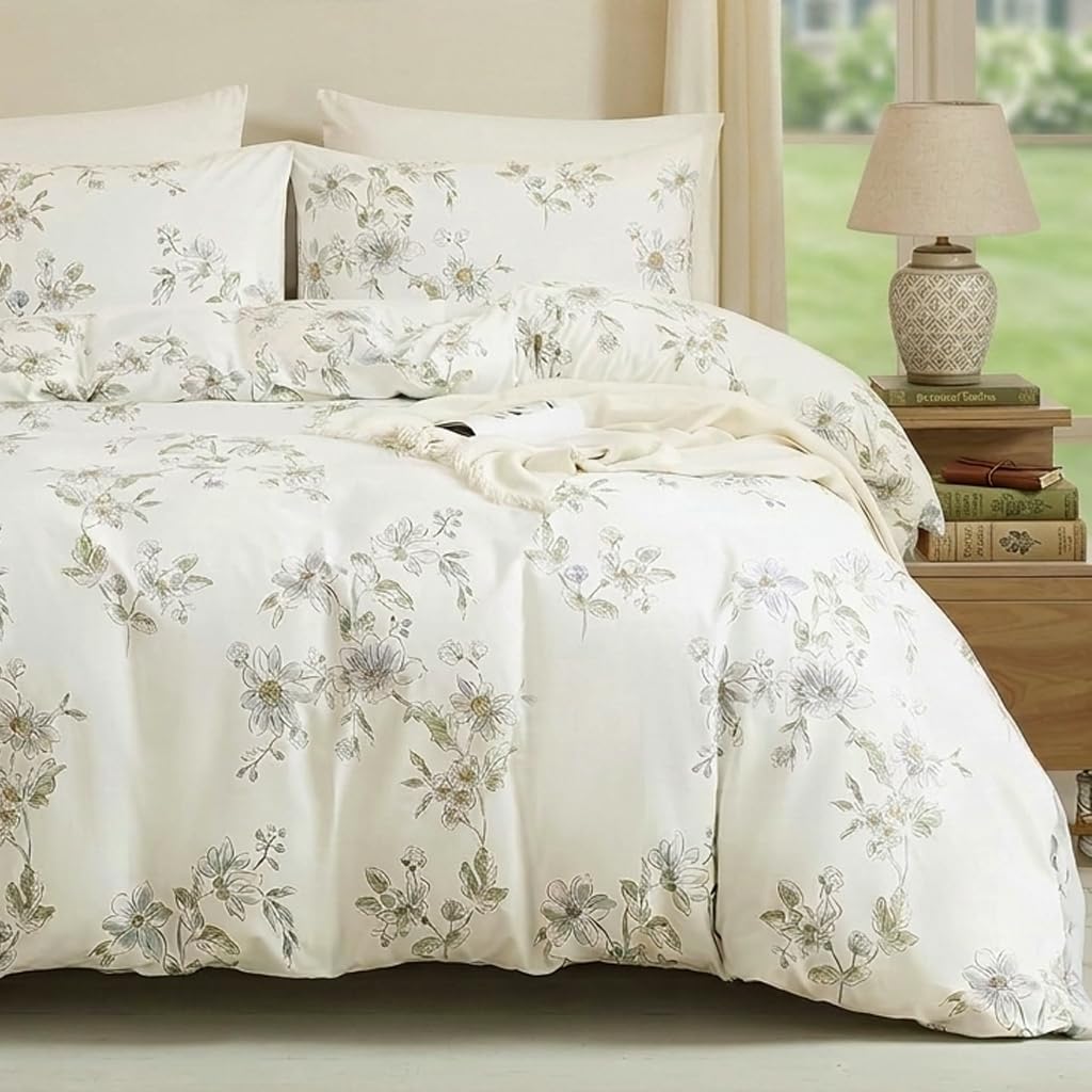 Cozaline 100% Cotton Duvet Cover Set King – Cream Fresh Watercolor Floral Bedding Set 3 Pieces, Ultra Soft Reversible Comforter Cover with Zipper Closure, Nature-Inspired Botanical Bed Set