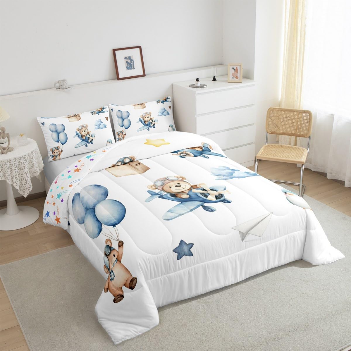 Erosebridal Cartoon Aircraft Full Bedding Set, Cute Bear Airplane Propeller Plane Comforter Set for Kids Boys Girls Adults Bedroom, Lovely Bird Animals Comforter, Balloon Star Cloud Quilt