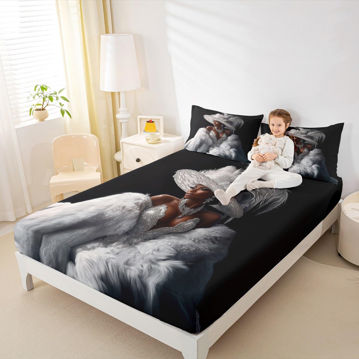 Erosebridal Black Girl Bed Sheets King Size Modern Trendy Grey Silver Sheet Set for Girls Teens Women African American Fashion Dress Bedding Set Diamond Print Aesthetic Elegant Sheets