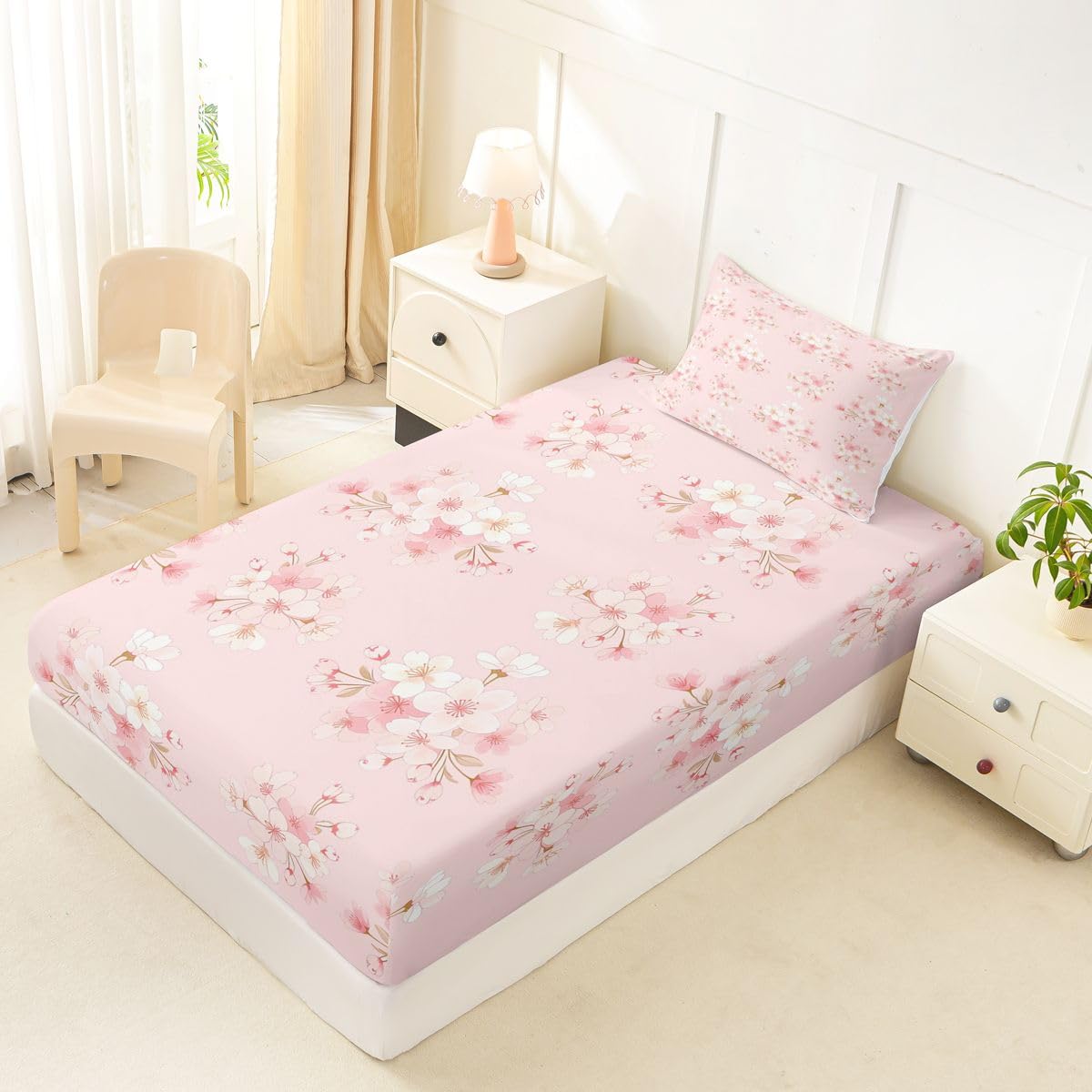 Erosebridal Cherry Blossoms Bed Sheets Set Twin Japanese Style Sheet Set Romantic Floral Leaves Sheets Pink Flower Plant Flat Fitted Sheet