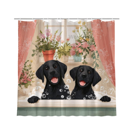 Wordatu Cute Black Labrador Dog Shower Curtain Cute Hilarious Animals Puppy Wooden Window 72x72 Inch Floral Flowers Bubbles Leaves Botanical Fabric Decor Bathroom Polyester Waterproof
