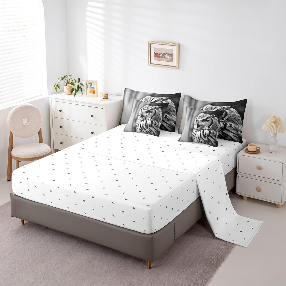 Erosebridal 7-Piece Owl Animal Comforter Set Queen Size, Owl Bed in a Bag Bedroom Comforter with Sheets (1 Comforter, 1 Flat Sheet 1 Fitted Sheet 2 Pillowcases and 2 Pillow Shams), Black Grey