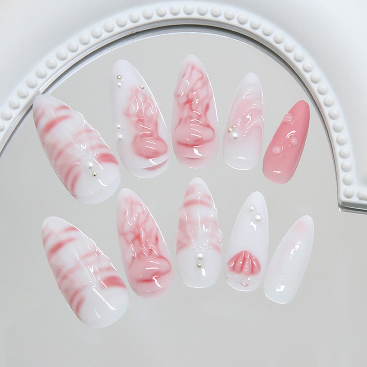 Press on Nails Almond Medium Pink Fake Nails French Tip False Nails Press ons with Shell Ocean Design Glue on Nails Artificial Acrylic Nail Art Glossy Full Cover Stick on Nail Supplies for Women 24Pcs