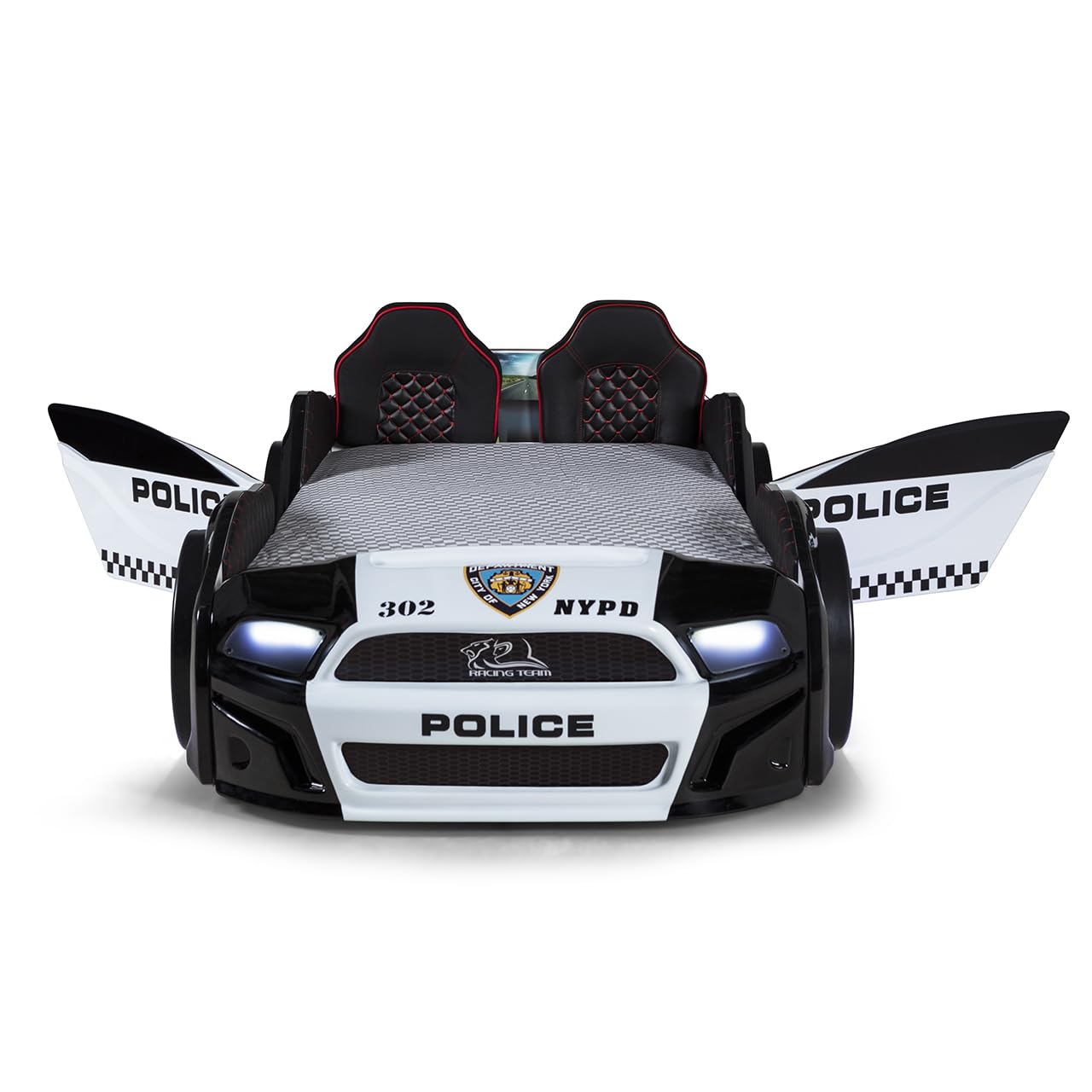 Luxury Race Car Bed for Kids – LED Lights, Sports Car Design, Sound Effects, Twin, Ergonomic & Comfortable Sleeping Experience (Police)