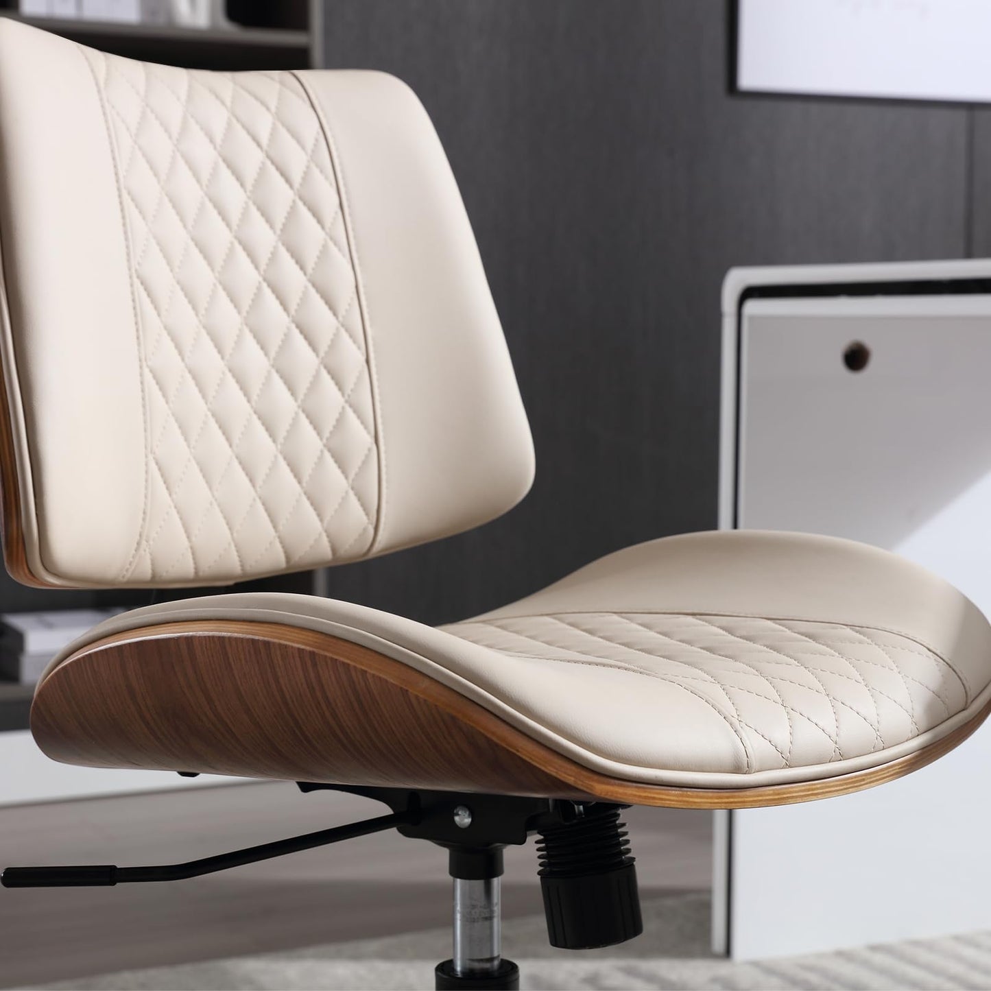 BERYTH Home Office Chair No Arms with Wheels, Adjustable Height Small Desk Chair, PU Leather Mid Back 360 Swivel Computer Chair, Armless Modern Walnut Chair for Office, Reading Meeting Room(Beige)