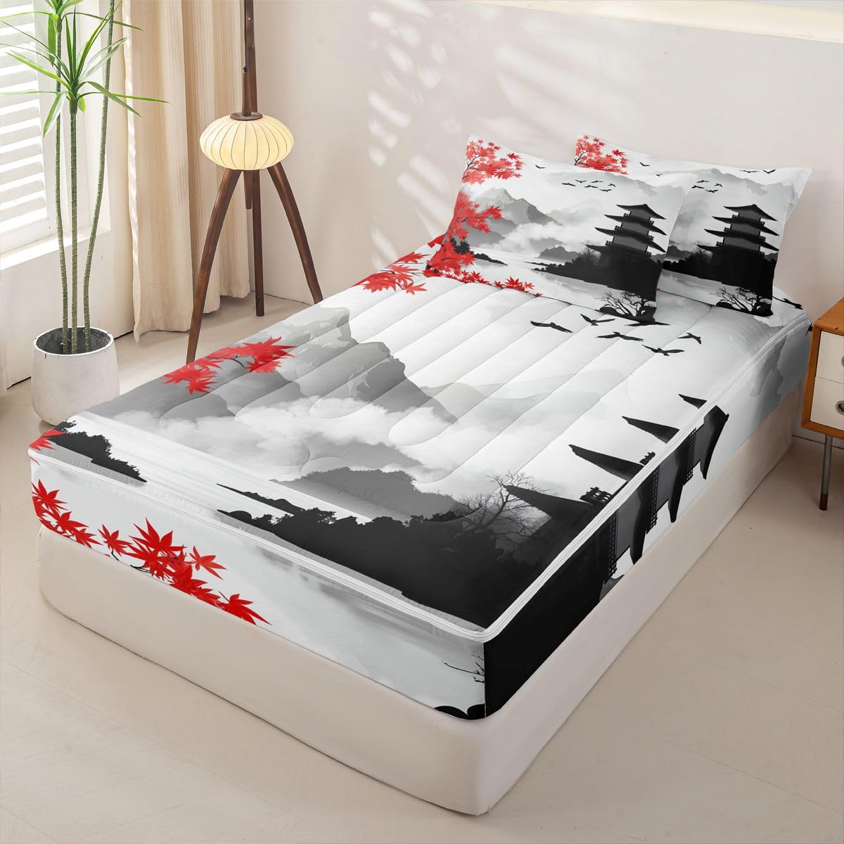 Erosebridal Japanese Ink Painting Kids Comforter Set with Zipper, Traditional Japanese Twin Size Zipper Bedding Set, Red Maple Trees Bed-in-A-Bag