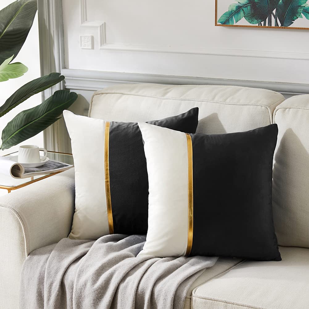 Fancy Homi 4 Packs Black Decorative Throw Pillow Covers 18x18 Inch for Living Room Couch Bed Sofa, Black and White Velvet Patchwork with Gold Leather, Luxury Home Decor Square Cushion Case 45x45 cm
