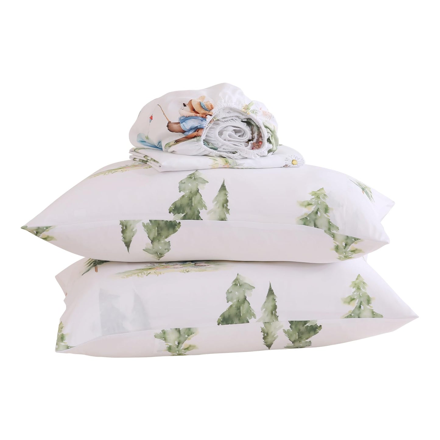 Yibeizi Camper Themed Sheet Set Twin, Kids Woodland Animals Print Bedsheets Microfiber Deep Pocket Cute Patterned Bed Sheet & Pillowcase Sets 3 Pieces