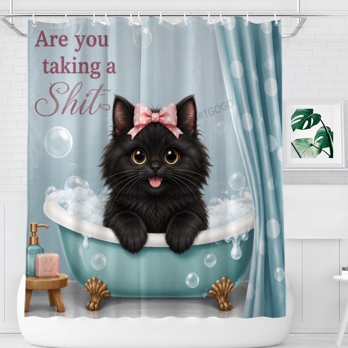 LFINKARTGOGO Cute Black Cat Shower Curtain 72x72 with 12 Hooks Bubble Bathtub Light Blue Waterproof Washable Polyester Bath Curtain for Home Hotel Decor