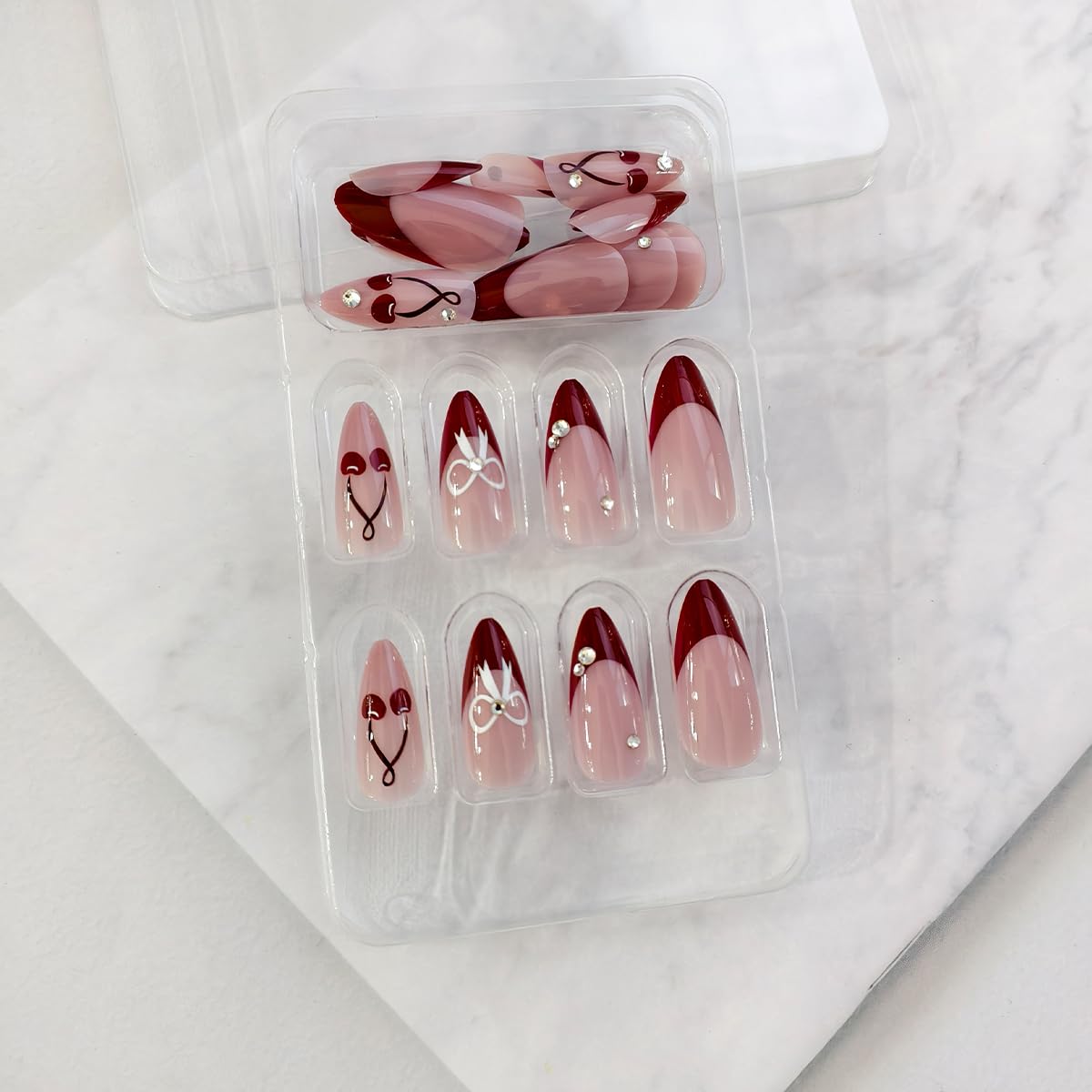 24Pcs Red French Tip Press on Nails Almond Medium Fake Nails with Sparkly Rhinestones Gems Designs Cherry Silver Bow Acrylic Nails Full Cover Glue on Nails for Women Manicure Accessories