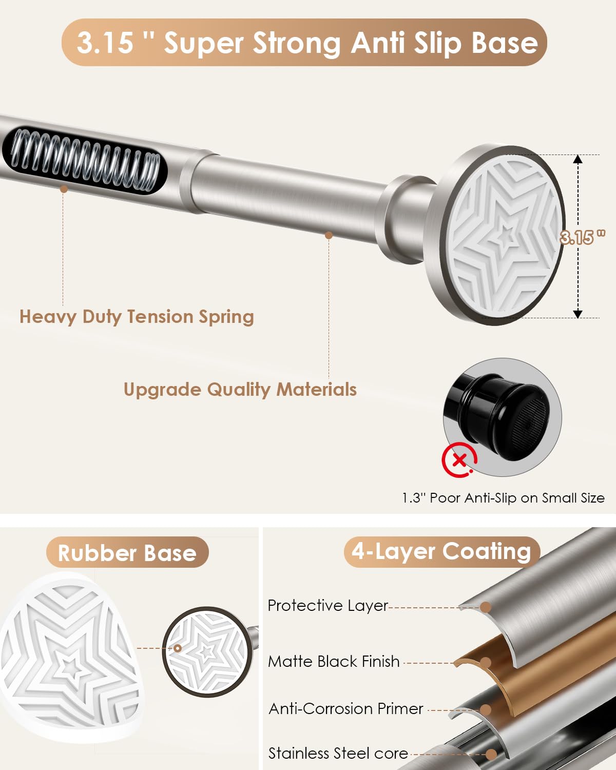 Haryaers Nickel Tension Shower Curtain Rod 30-96 In (8ft) 1.1" Diameter Stainless Steel, Rustproof Heavy Duty, No Drilling Adjustable Room Divider for Bathroom Window Patio Closet