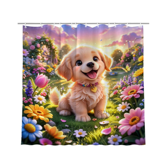 REZHOCH Cute Cartoon Dog Shower Curtain 72x72 Inch,Funny Golden Retriever Floral Home Bathroom Decor,3D Colorful Flowers Animal Garden Kids Girls Waterproof Fabric Bath Set with Hooks