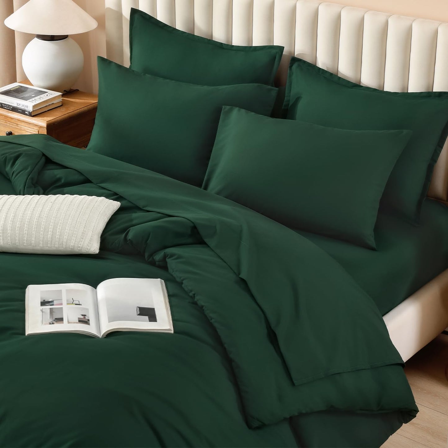 Litanika Queen Comforter Set Dark Emerald Green - 7 Pieces Bed in a Bag Queen Bedding Comforter Sets, Solid Lightweight Bed Set with Comforter, Sheets, Pillowcases & Shams