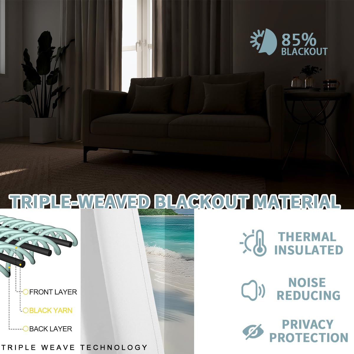 Beach Blackout Curtains for Girls Boys Teens Home Decor, Tropical Summer Scene Ocean Island Palm Tree Grommet Thermal Insulated Drapes Darkening Window Curtain for Bedroom Living Room, 84 x 84 Inch