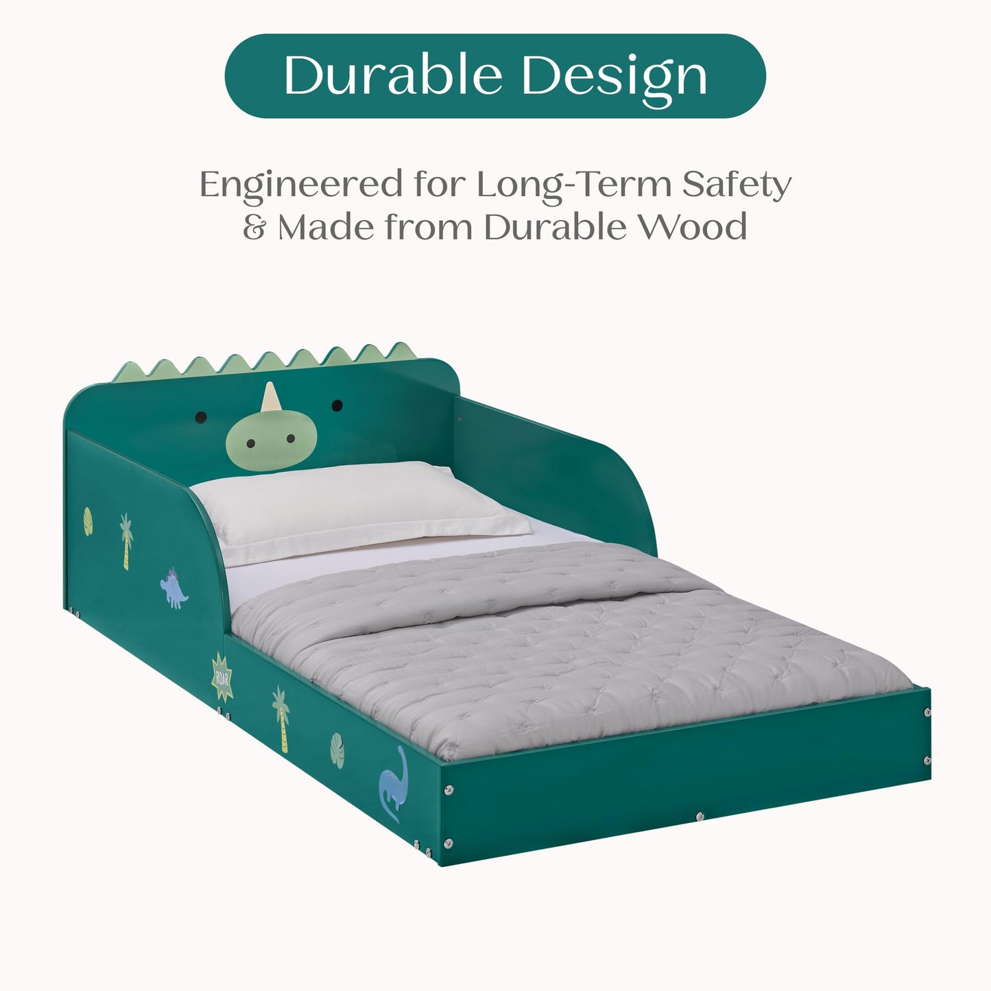 Delta Children Dino Wood Floor Toddler Bed with Reusable Stickers, Green