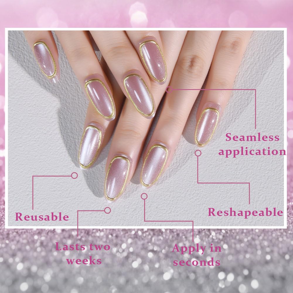 evpct Gold Line 3D Cat Eye Press On Nails Medium Almond No Glue, 3D Crystal Handmade Press on Nails for Women Gift, Reusable Medium Almond Acrylic Fake Nail Stick on Soft Nail Gold Tip with Designs