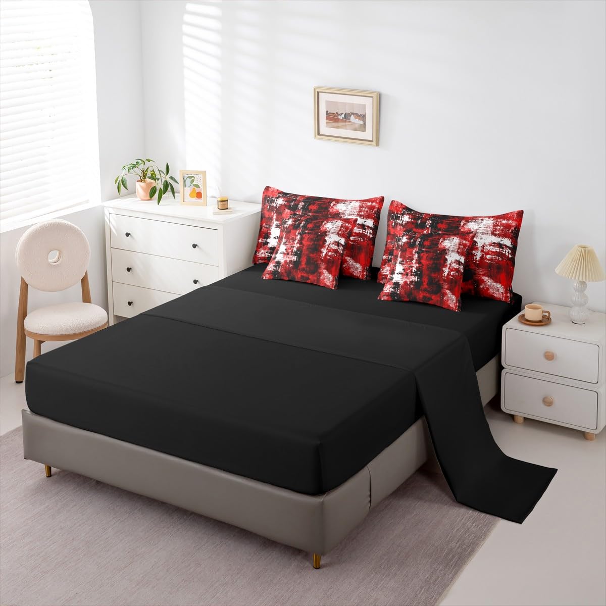 Feelyou Abstract Queen Comforter Set with Sheets for Kids Boys Girls Modern Abstract Art 7 Pieces Bedding Set Black Red Bed in a Bag Luxury Room Decor Geometric Soft Lightweight Microfiber