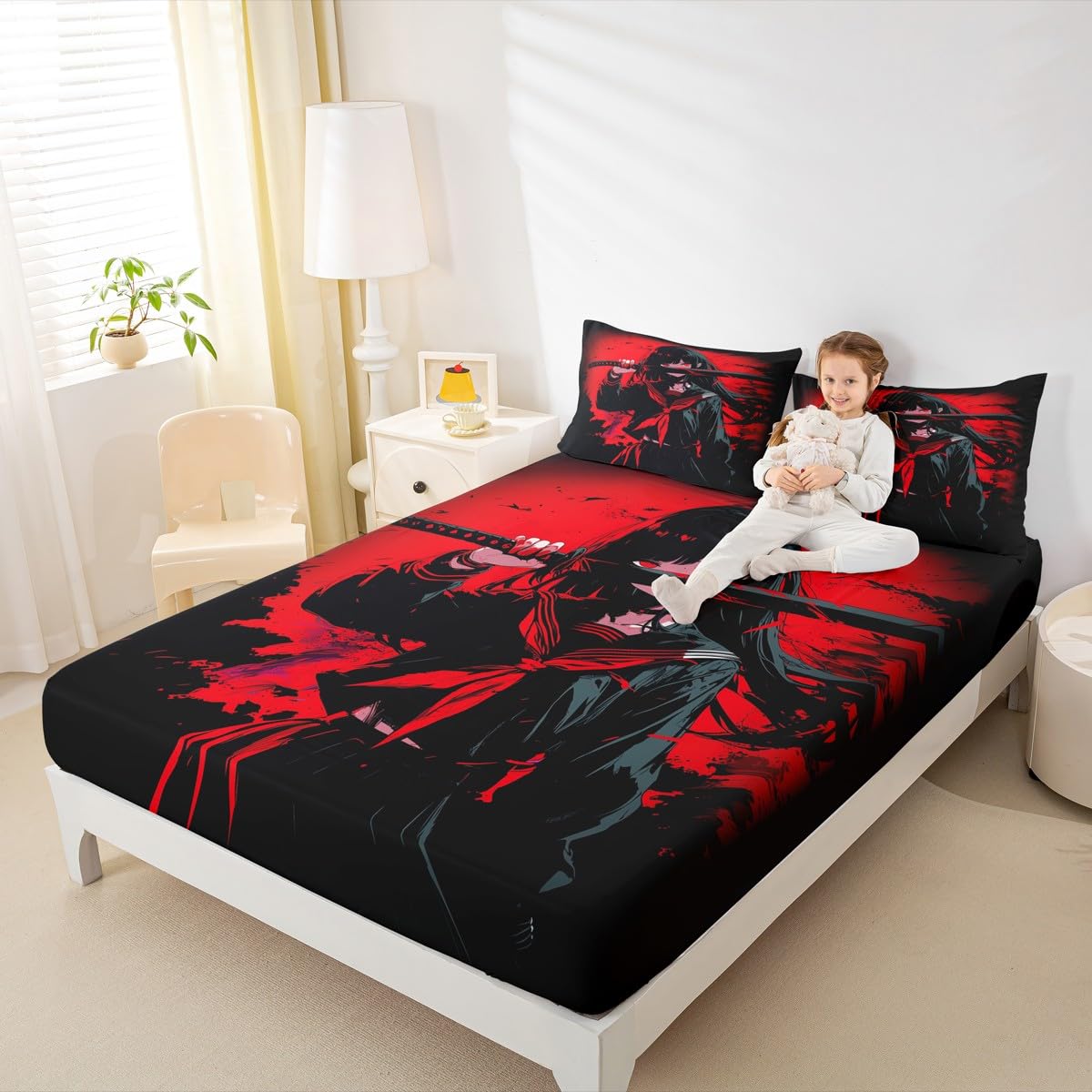 Erosebridal Japanese Anime Bedding Set for Kids, Anime Girl Fitted Sheet Queen Size Japanese Girl Bed Sheets for Girls Teens Adult, Kawaii Animation Red Black Sheets, Machine Washable