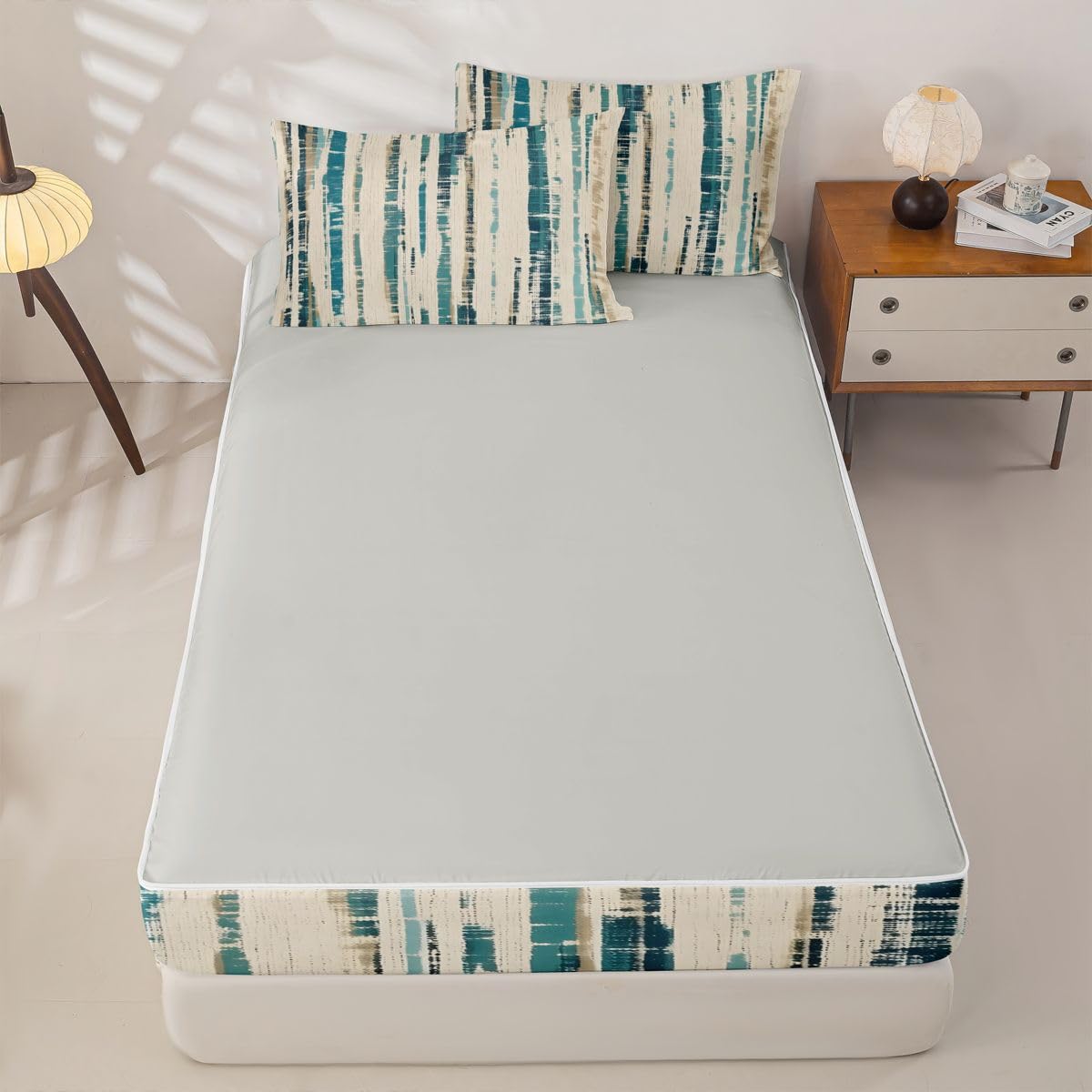 Feelyou Textured Coastal Stripe Zipper Bedding Queen Abstract Teal Ombre Bedding Sets for Kids Boys Girls Modern Comforter Set with Fitted Sheet 2 Pillowcases One Zipper Bed Set for All Seasons