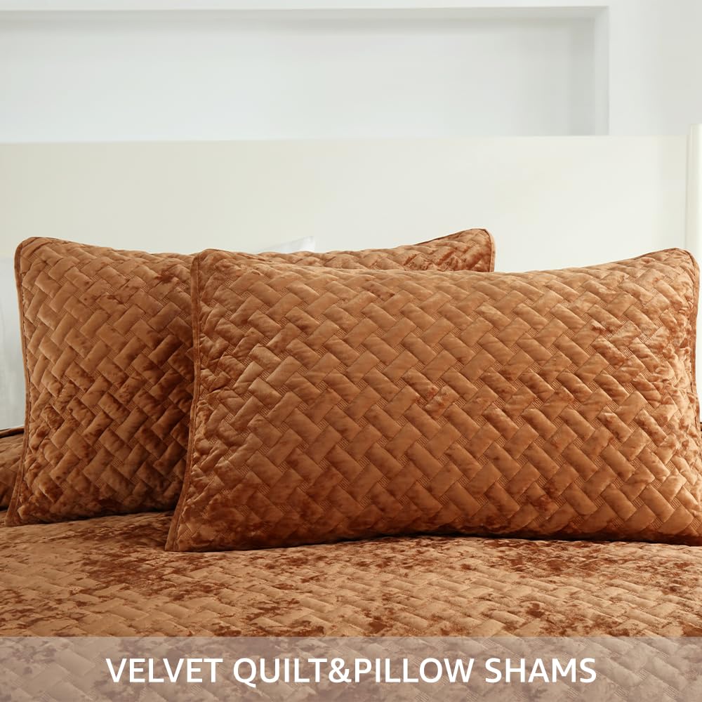 Liians Velvet Bedspread Quilt Bedding Sets,Luxury Elegant Ultra Soft Velvet Comforters Coverlet Blankets,Weave Stitching Pattern Cotton Quilted Bedspread for All Seasons,Caramel,King Size