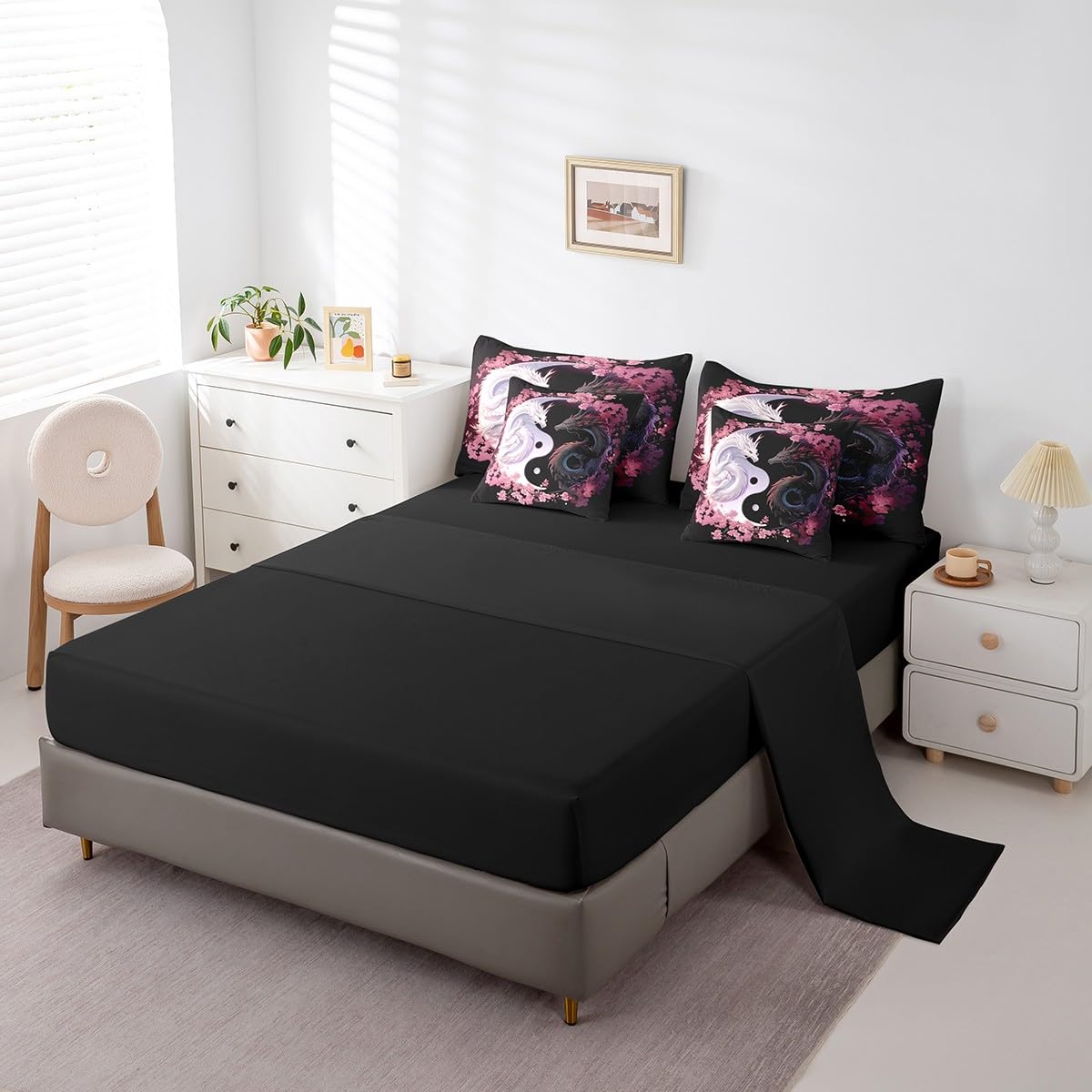 Feelyou Dragon Bedding Set Queen Size Yin Yang Comforter Set 7 Pieces Cherry Blossoms 3D Dragon Ancient Wildlife Couple Lover Bed in a Bag for Romantic Bed Set with Comforter, Sheet Set, Pillowcases