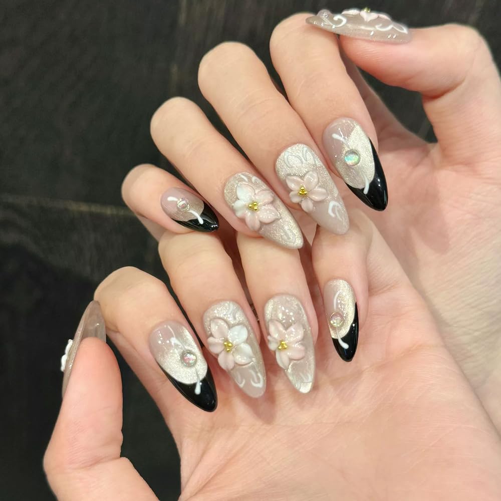 Handmade Press on Nails Almond French Tip Fake Nails with 3D Flower Designs False Nails Pink Glitter Acrylic Nails for Women 10pcs (Size M）