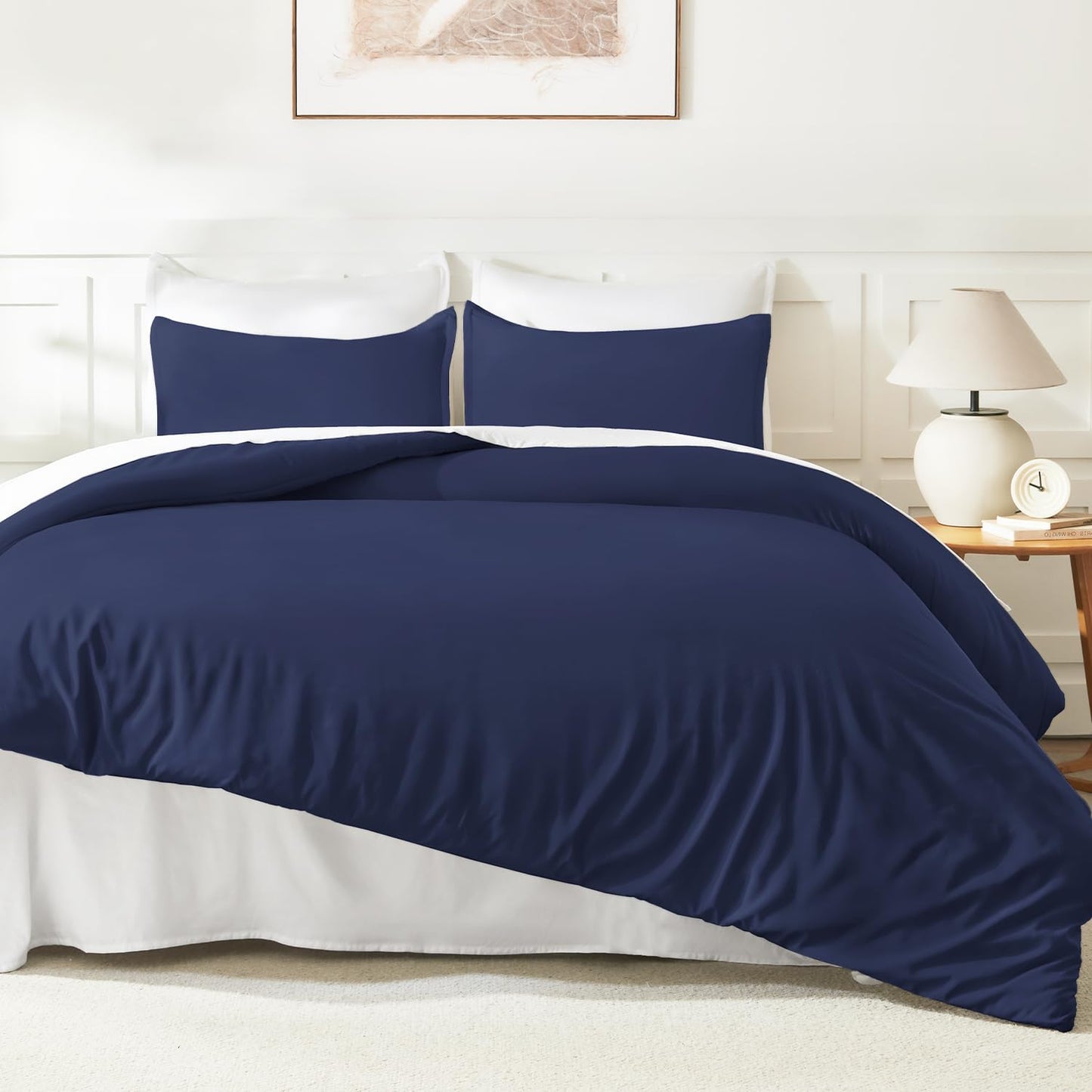 Litanika Navy Blue Comforter Set King Size, 3 Pieces Lightweight Solid Bedding Comforter Set, All Season Fluffy Bed Set (104x90In Comforter & 2 Pillowcases)