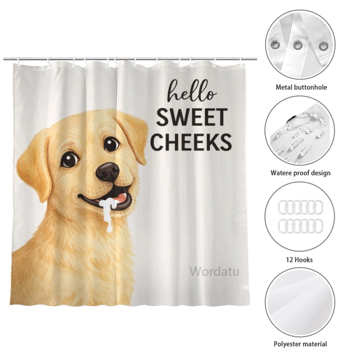 Wordatu Funny Labrador Retriever Shower Curtain Colorful Animal Waterproof Polyester Fabric 72x72 Inches Set with 12 Hooks(24712)
