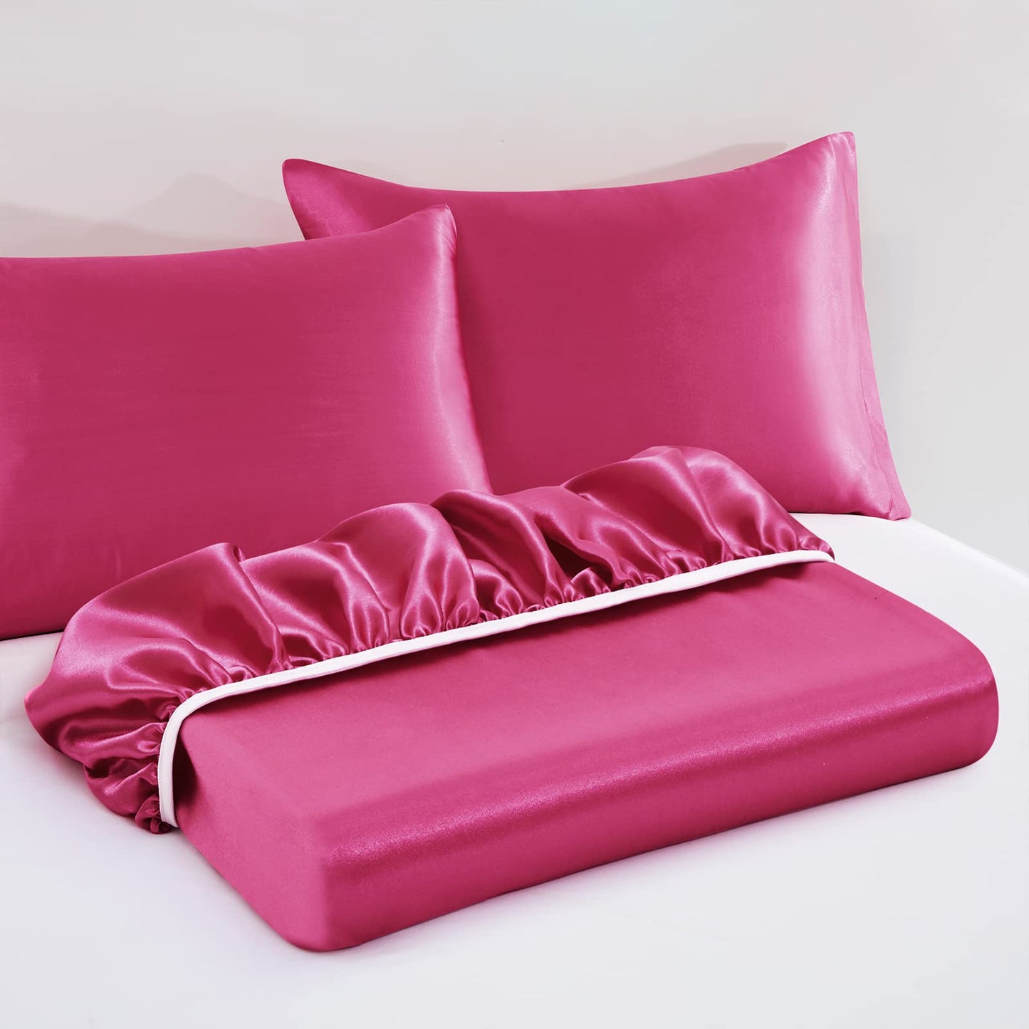 VACVELT 3pcs Extra Deep Pocket Satin Fitted Sheet Set King Bed Set, Hot Pink Bottom Sheet Fit 18-24 Inch Deep Pocket Mattress, Silky Bedding Set Soft & Ultra Deep Fitted Sheet & 2 Pillowcase