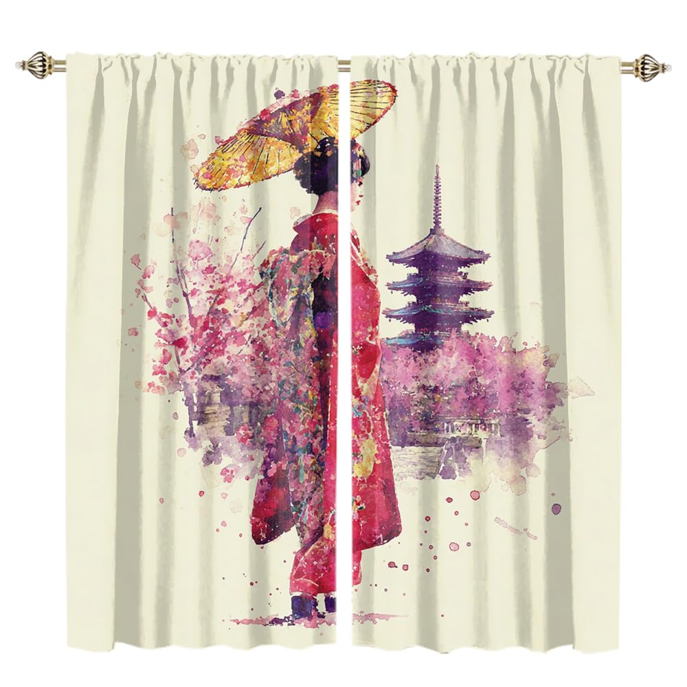 XSUPFLYM Fantasy Retro Japanese Geisha Window Thermal Curtain for Living Room Beautiful Ink Painting Japanese Plant Cherry Blossom Blackout Curtains for Bedroom 2 Panels Each 21" W x 45" L