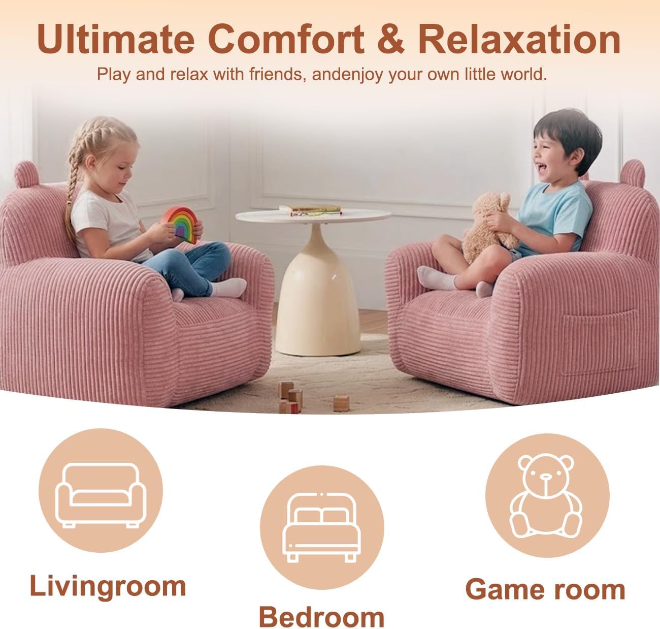 Kids Bean Bag Chair Sofa with Filler Stuffed Filling Memory Foam Lazy Comfy Chairs Boys Girls Gaming Reading Relaxing Cute Living Room Bedroom Cozy Pocket Floor Relaxing Sofa
