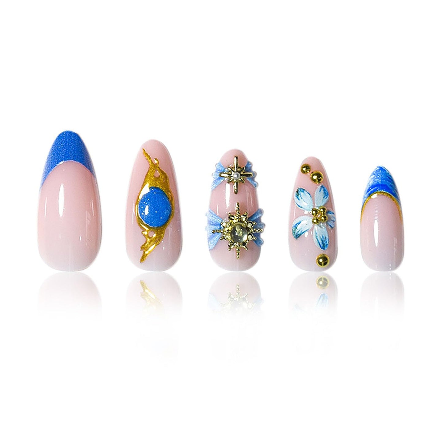 RUOKEXIN Almond Press on Nails French Tip Fake Nails Medium False Nails with Gold Charm Designs Acrylic Nail Press ons Sparkly Artificial Nails for Women 24Pcs