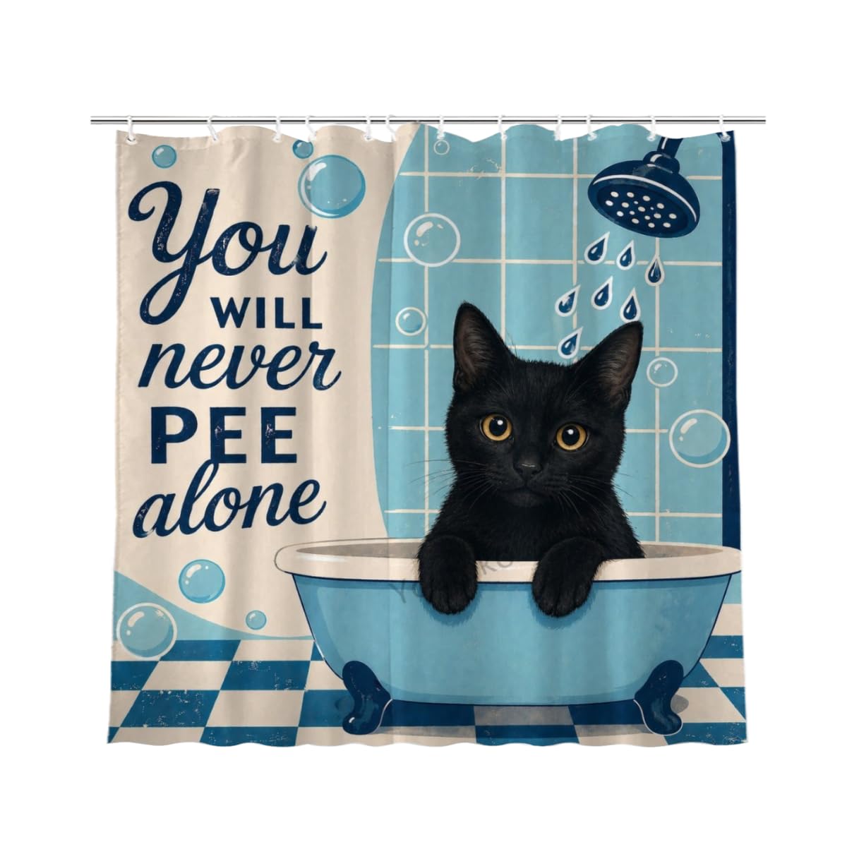 Youtoko Funny Black Cat and Bathroom Humor of You Will Never Pee Alone 72x72 Shower Curtain with 12 Hooks Waterproof Washable Polyester