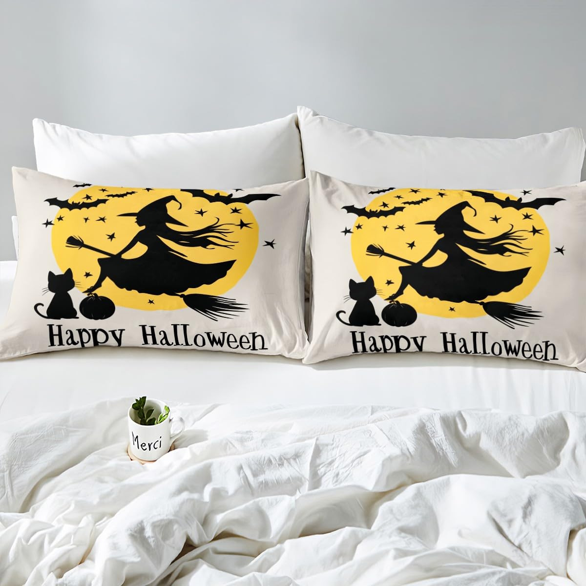Feelyou Kids Halloween Sheet Set Full Size, Witch Bed Sheets Set Boys Girls Happy Halloween Bedding Set Black Bat Teens Bedroom Decor Microfiber Soft Bed Set