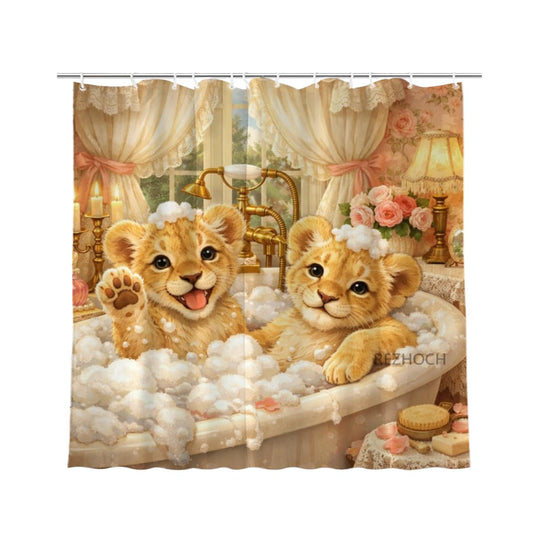 REZHOCH Funny Cute Lion Shower Curtain 72x72Inch,Waterproof Fabric Home Bathroom Decor,Animal Bathtub Bubble Bath,Victorian Vintage Style Kids Girl Bath Curtain with Hooks