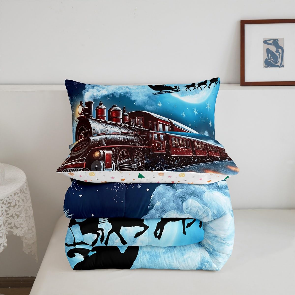 Erosebridal Kids Steam Train Comforter Set Twin,Christmas Santa Claus Deer Bedding Set Xmas Gifts for Boys Girls,Winter Snowflake Quilt Bed Set Vehicle Trains Bed Comforter Sets 2Pcs Room Decor