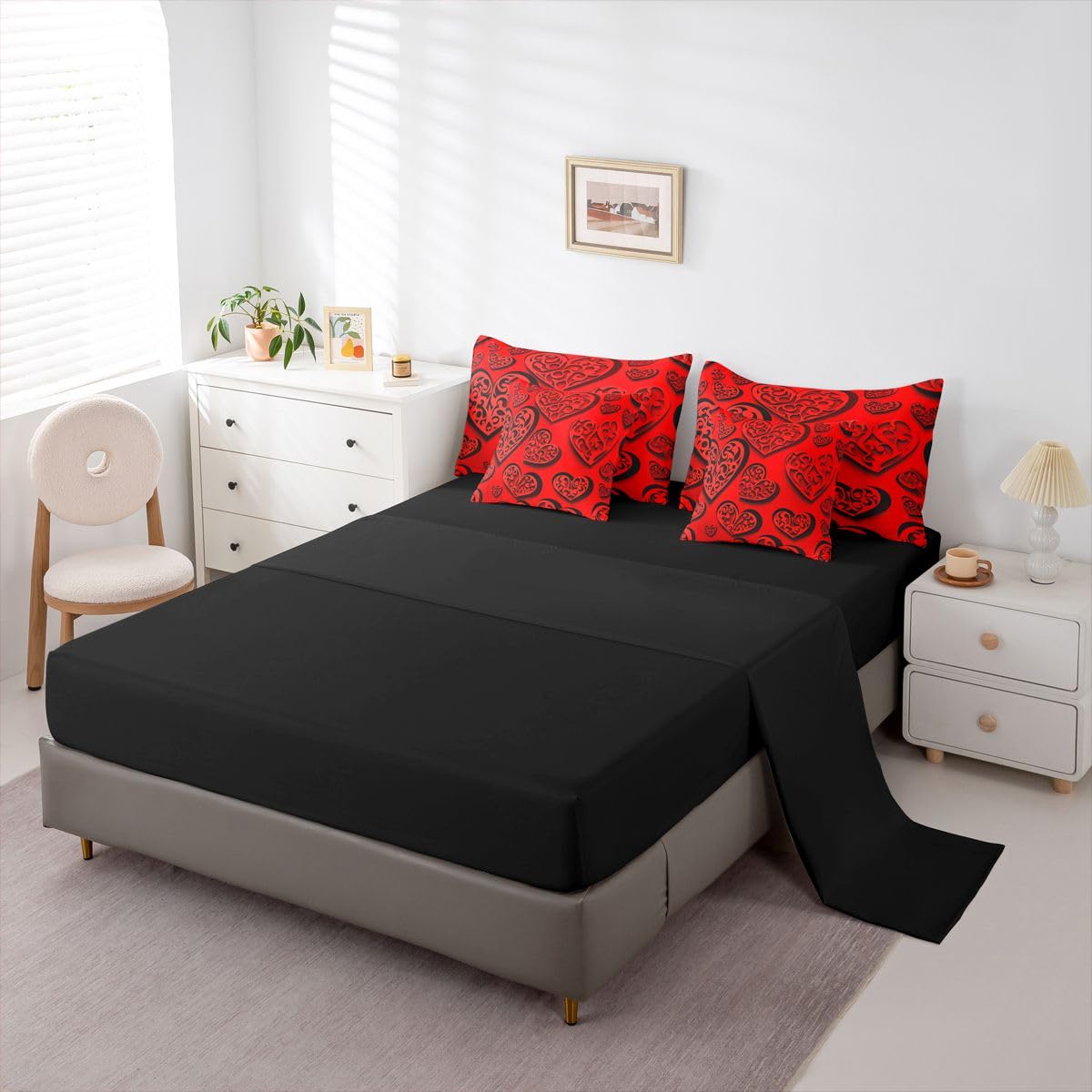 Erosebridal Red Love Heart Full Bedding Set - Valentines Day Decor Bed in A Bag,Cute Heart Comforter Sets with Sheets, Romance Couple 7 Pieces Bed Set Bedroom Decor