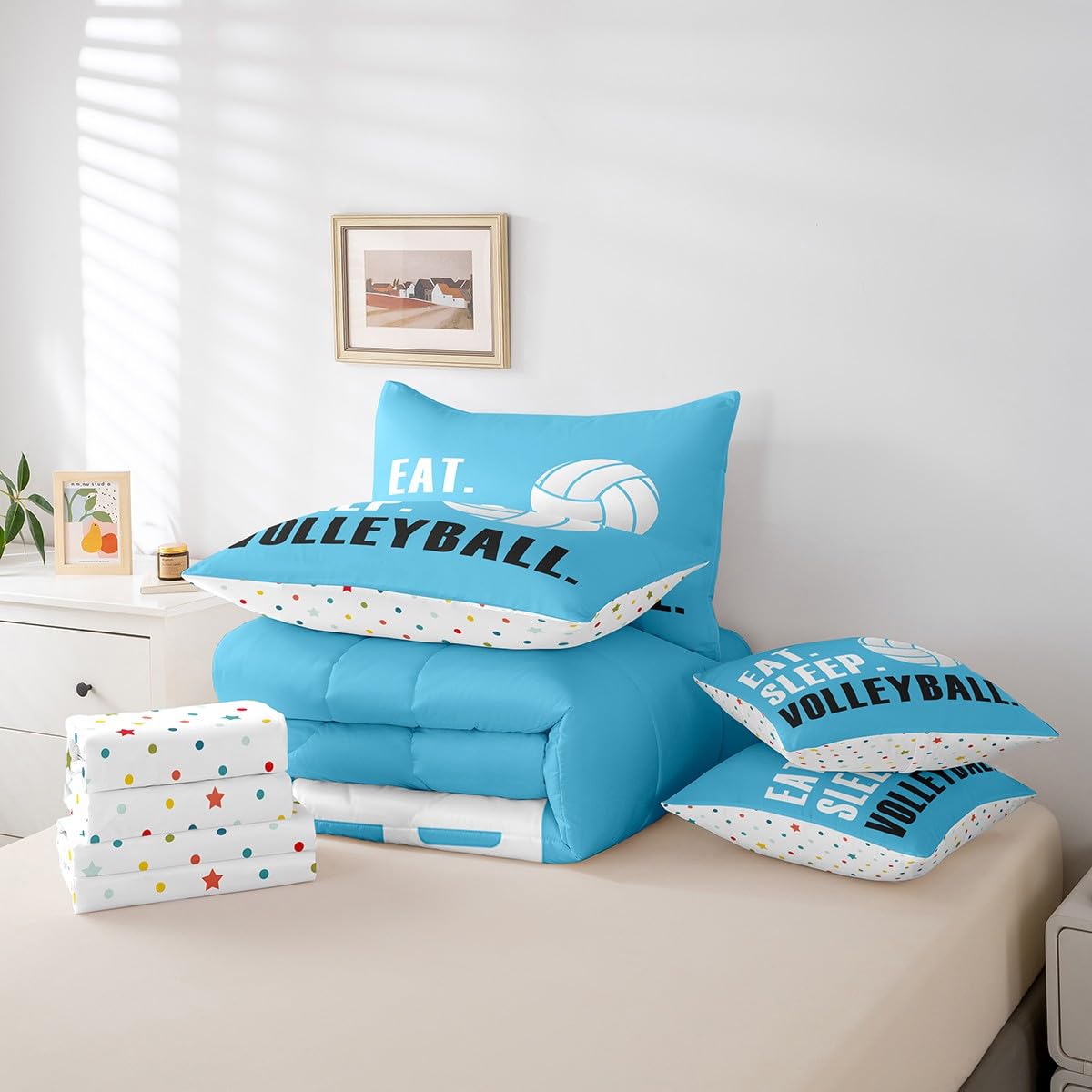Feelyou Volleyball Comforter Set 7 Piece 3D Ball Sports Bedding Twin Comforter Set for Boys Girls Women Men Blue Eat Sleep Volleyball Bedding Set Ball Games Room Decor Bed in a Bag