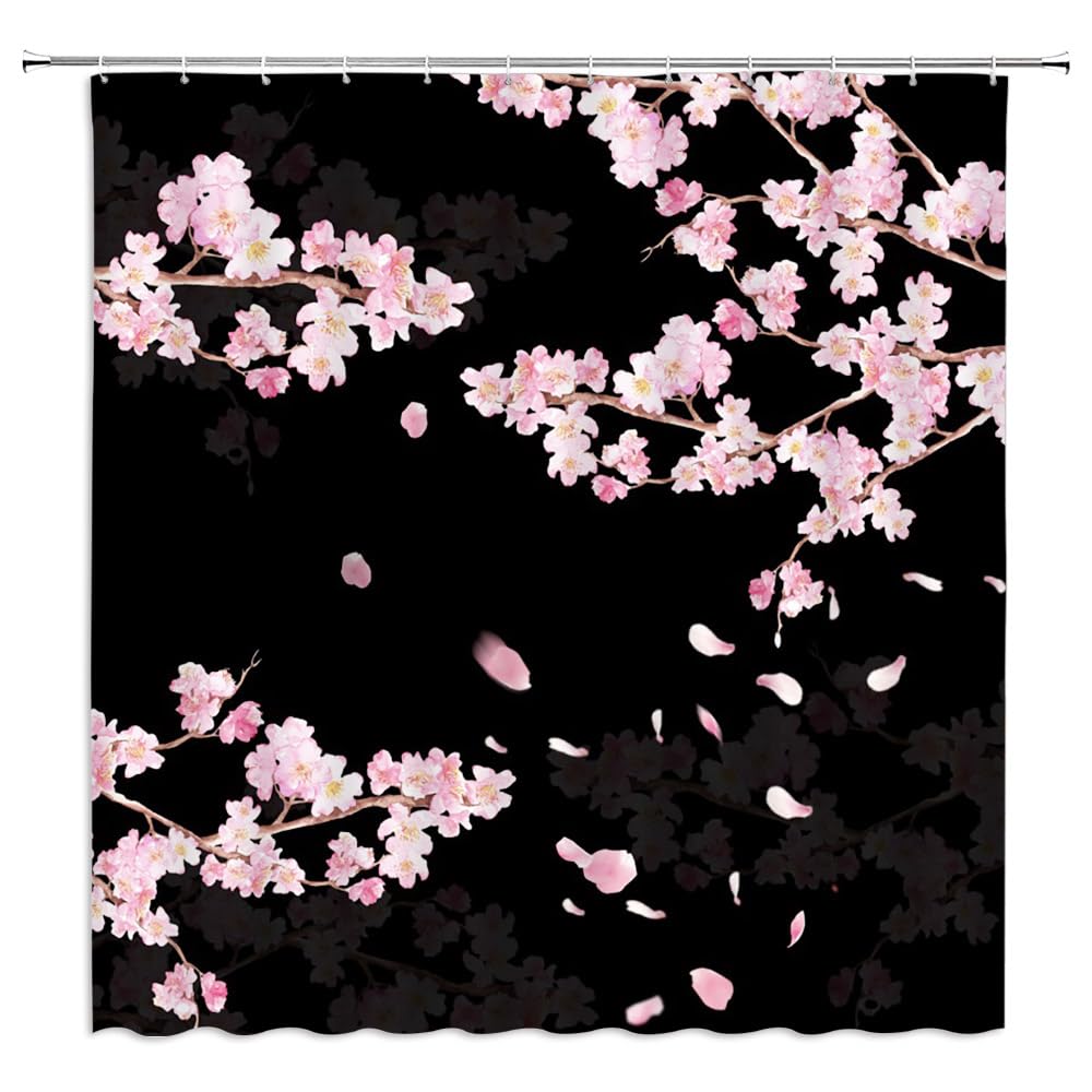 YSSFAV Cherry Blossom Shower Curtain Pink Plum Flower Asian Japanese Aesthetic Black Bathroom Decor Curtains Set with Hooks, 70" W x 70" H