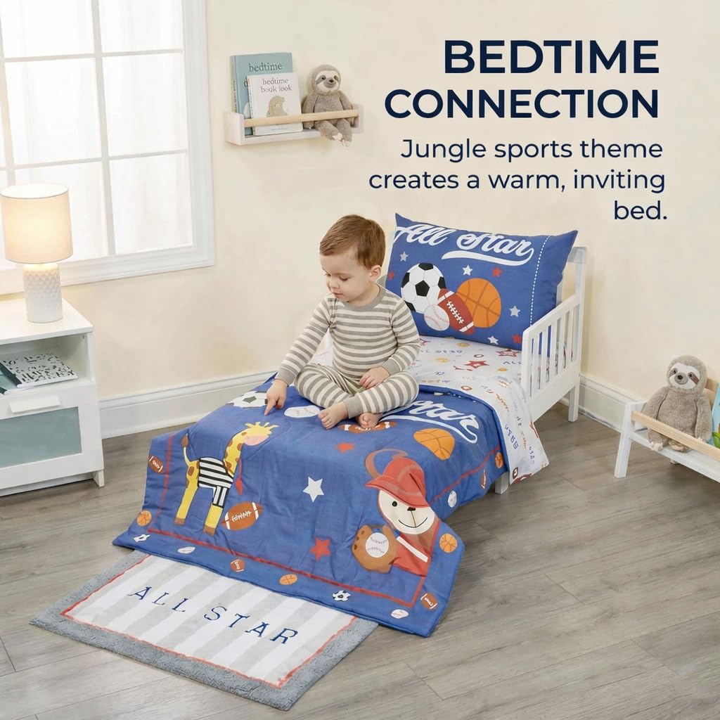 EVERYDAY KIDS 4 Piece Toddler Bedding Set - Jungle Sports - Soft 100% Cotton Percale - Includes Comforter, Flat Sheet, Fitted Sheet and Reversible Pillowcase