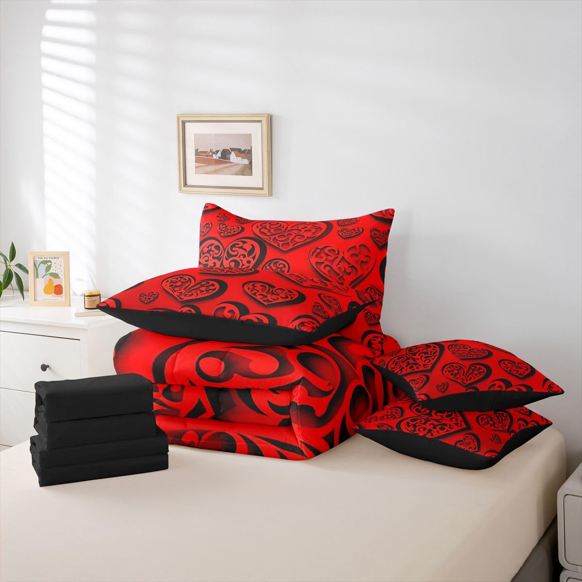 Erosebridal Red Love Heart Full Bedding Set - Valentines Day Decor Bed in A Bag,Cute Heart Comforter Sets with Sheets, Romance Couple 7 Pieces Bed Set Bedroom Decor