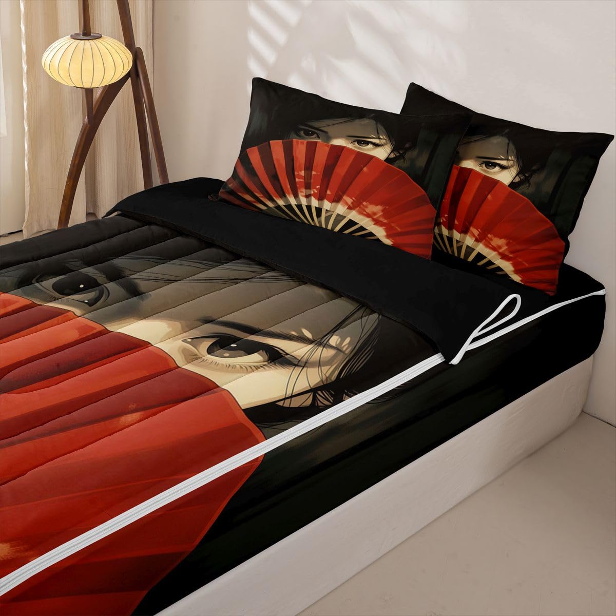Erosebridal Onna-Musha Kids Comforter Set with Zipper, Japanese Samurai Twin Size Zipper Bedding Set, Japan Culture Decor Bed-in-A-Bag