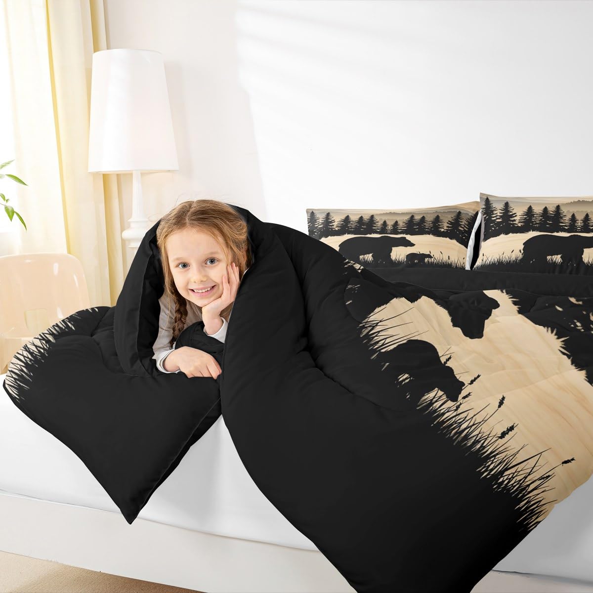 Erosebridal Rustic Cabin Full Comforter Set Farmhouse Bear Bedding Set Hunting Woodland Animal Down Comforter for Kids Adults,Pine Tree Wildlife Quilt Duvet Lodge Bedroom Decor 3 Pcs