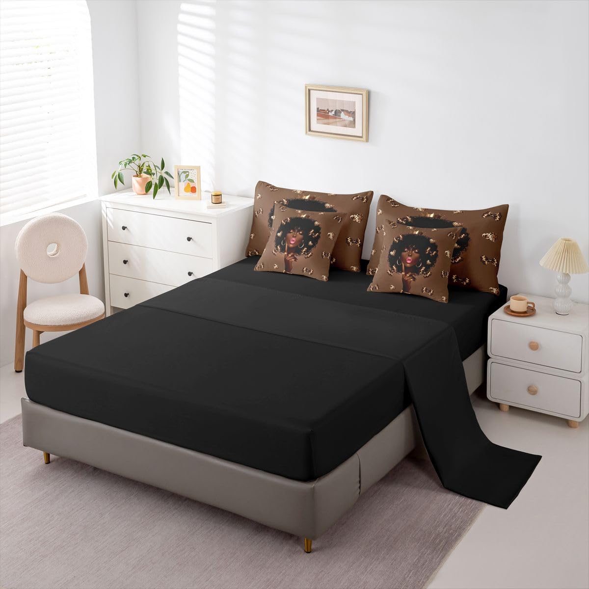 Erosebridal Cute Black Girls Queen Bedding Set Coquette Leopard Bowknot Comforter Set with Flat and Fitted Sheet Girly Cheetah Heart 7-Piece Bed in a Bag Aesthetic Bowtie Quilt Sets